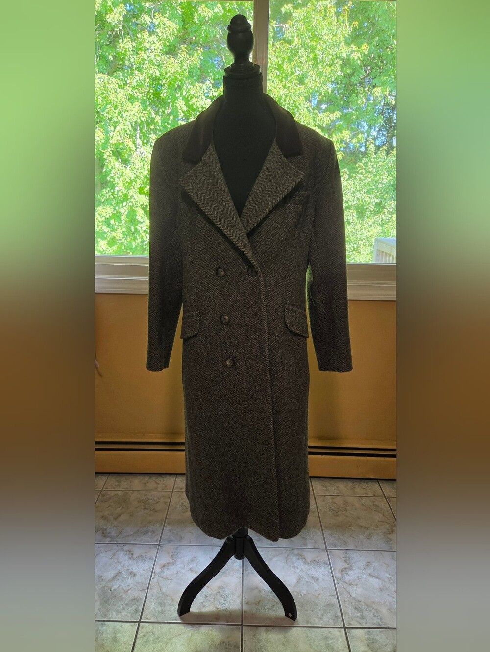 Womens Double-Breasted Long Pea Coat -  Herringbone